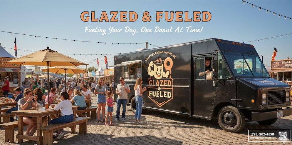 Glazed & Fueled donut food truck at outdoor event. People eating at tables, string lights, and a sunny sky.