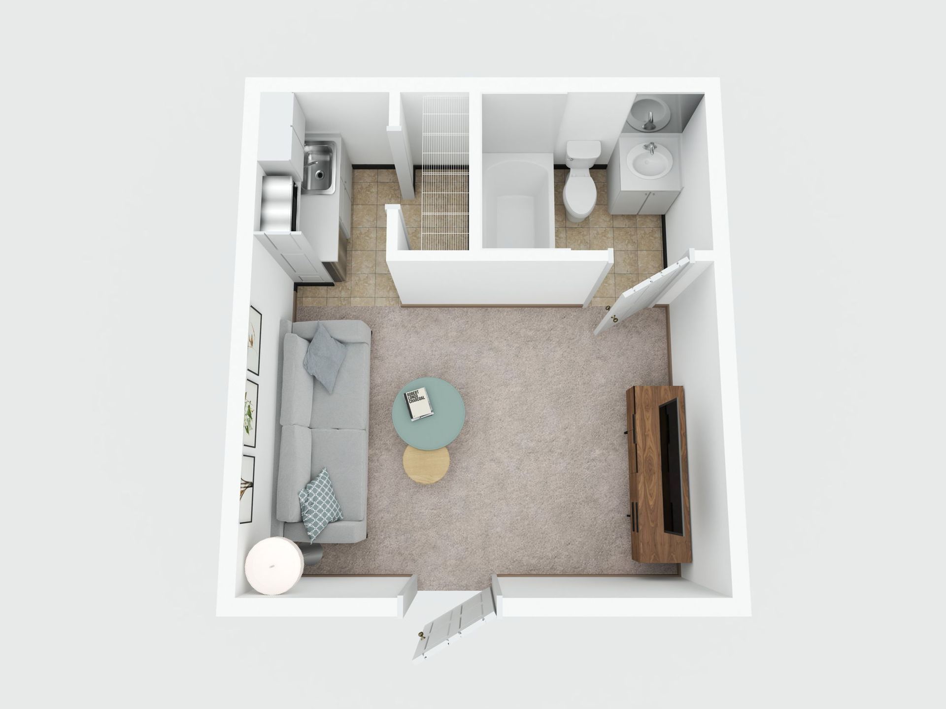 A 3d floor plan of a small apartment with a couch , table , and television.