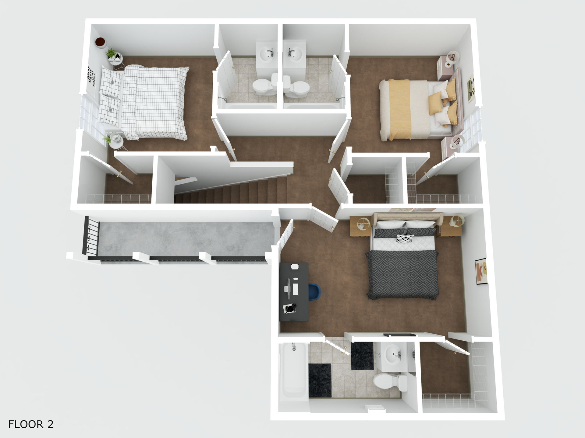 A 3d floor plan of a house with two bedrooms and a bathroom.