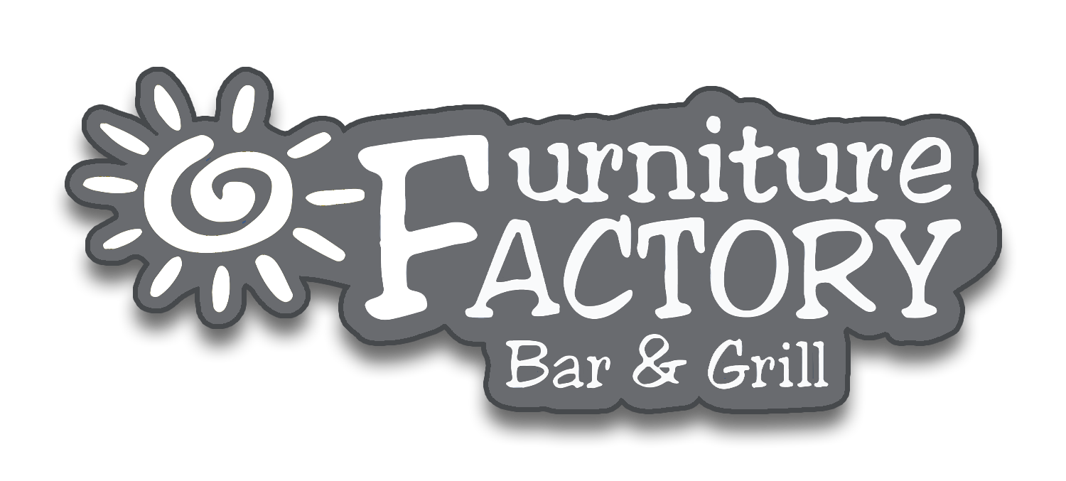 A logo for furniture factory bar and grill with a sun on it