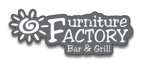 A logo for furniture factory bar and grill with a sun on it