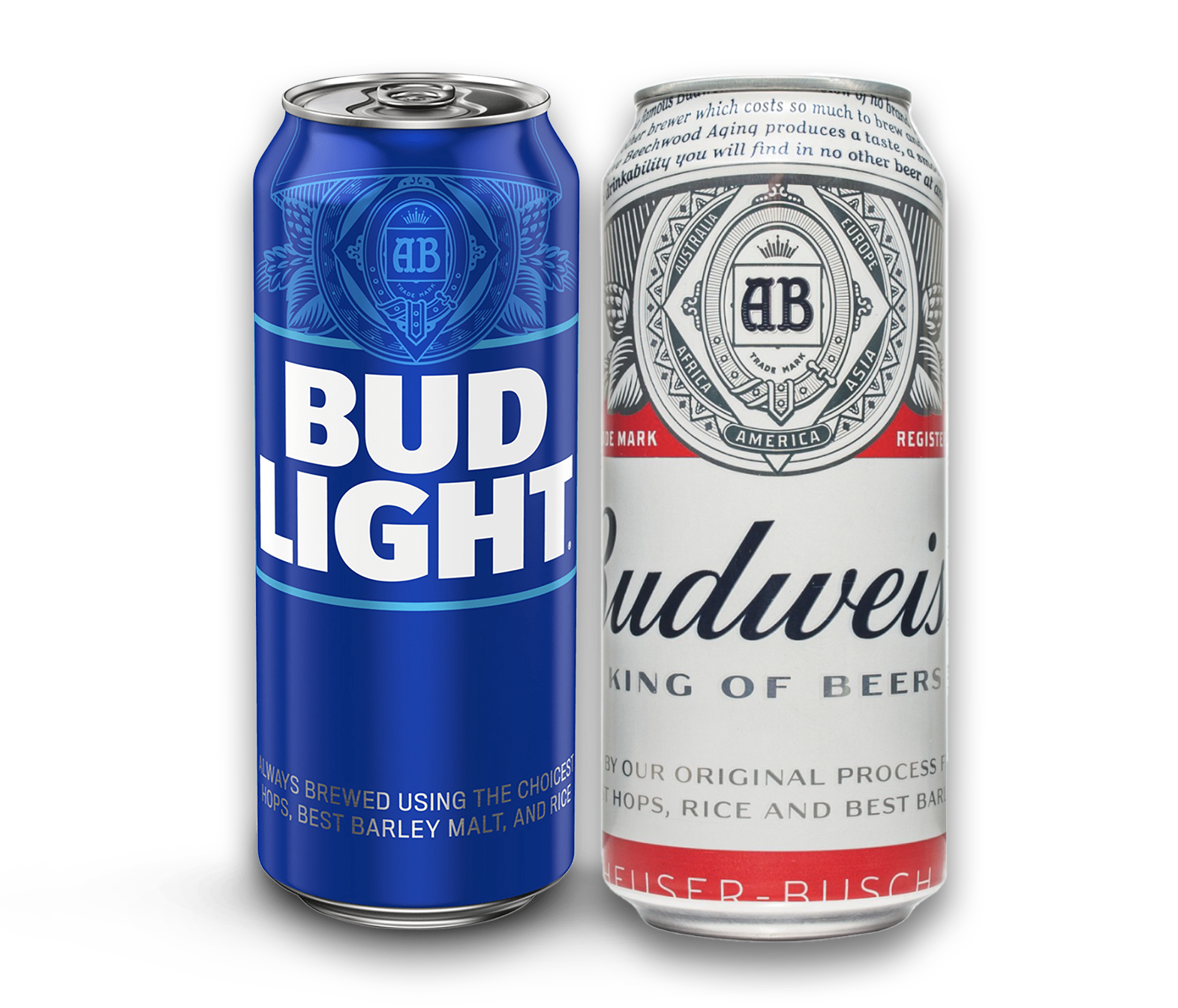 Two cans of beer , bud light and budweiser , are sitting next to each other on a white background.