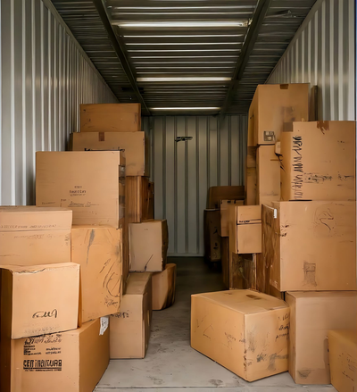 Stacked cardboard boxes inside a metal storage container.