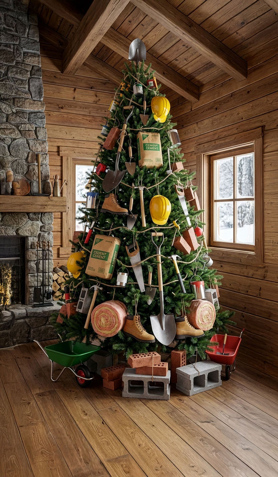 Sapin de Noël décoré dans un chalet rustique, orné d'outils et de matériaux de construction.