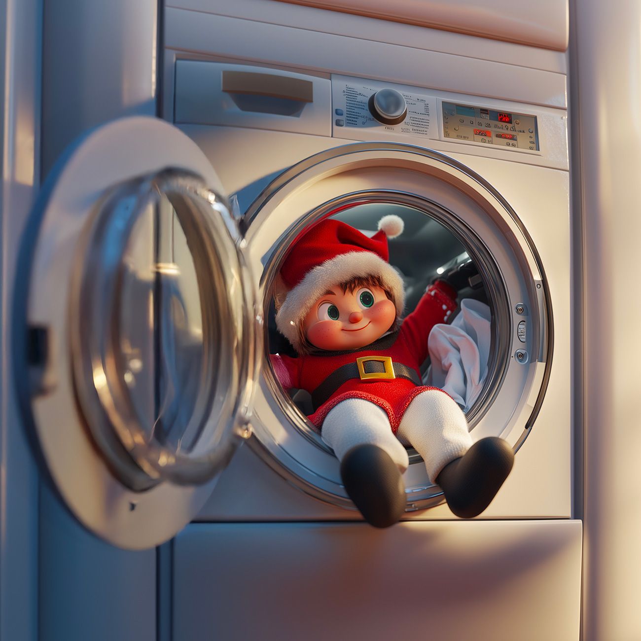 Un lutin farceur est assis dans la machine à laver