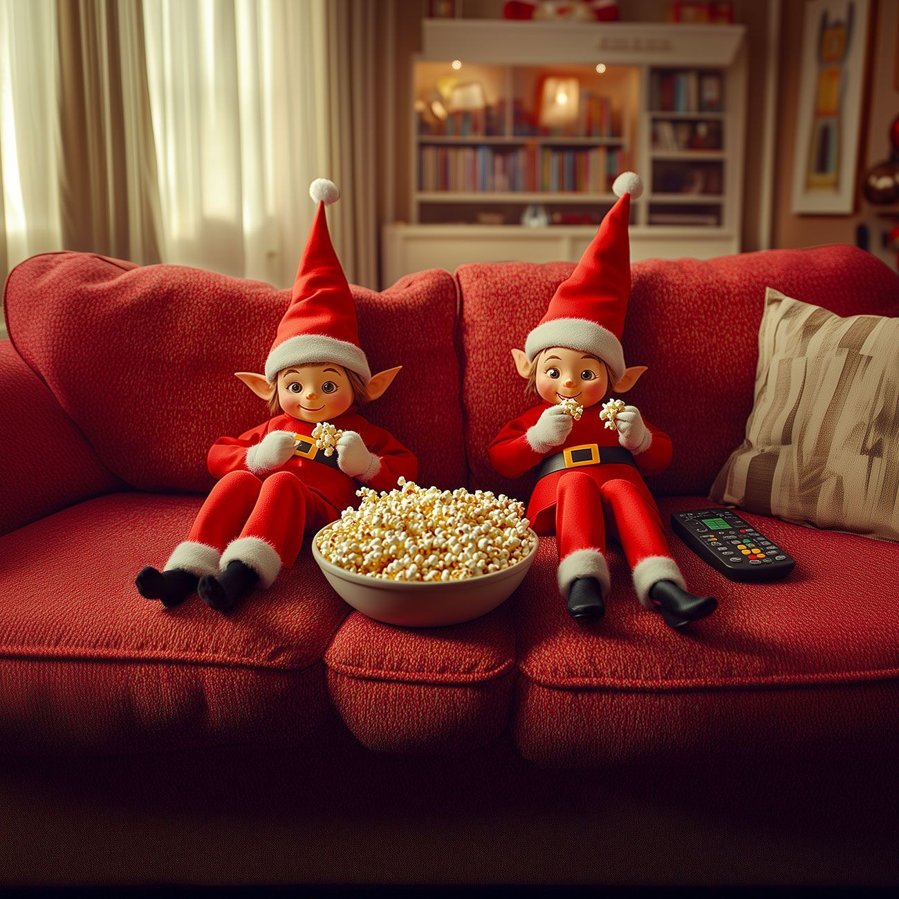 Des lutins farceurs mangent des popcorns devant la télé