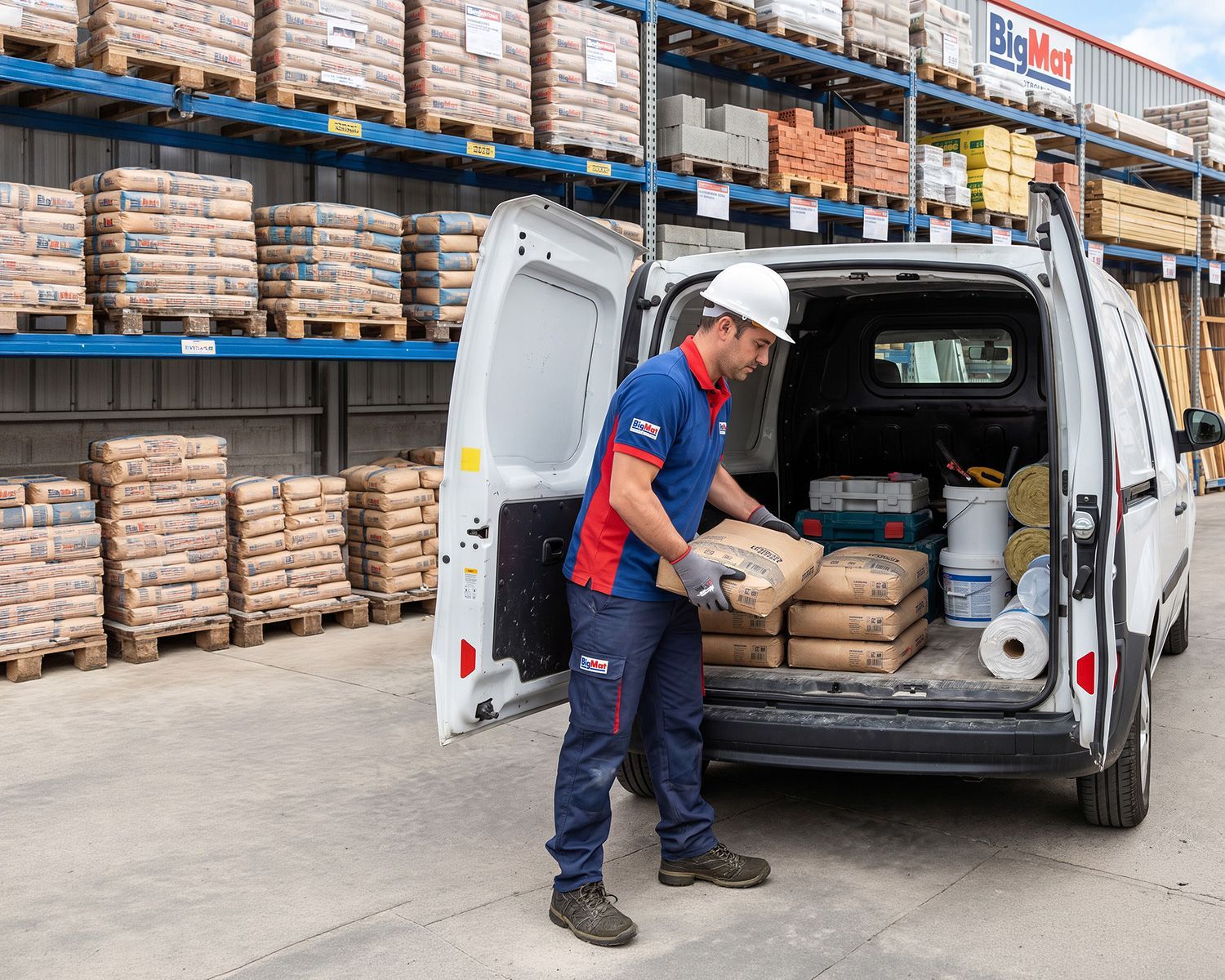 Un salarié BigMat charge des sac de ciment dans une camionnette blanche dans la zone de chargement d'un entrepôt.