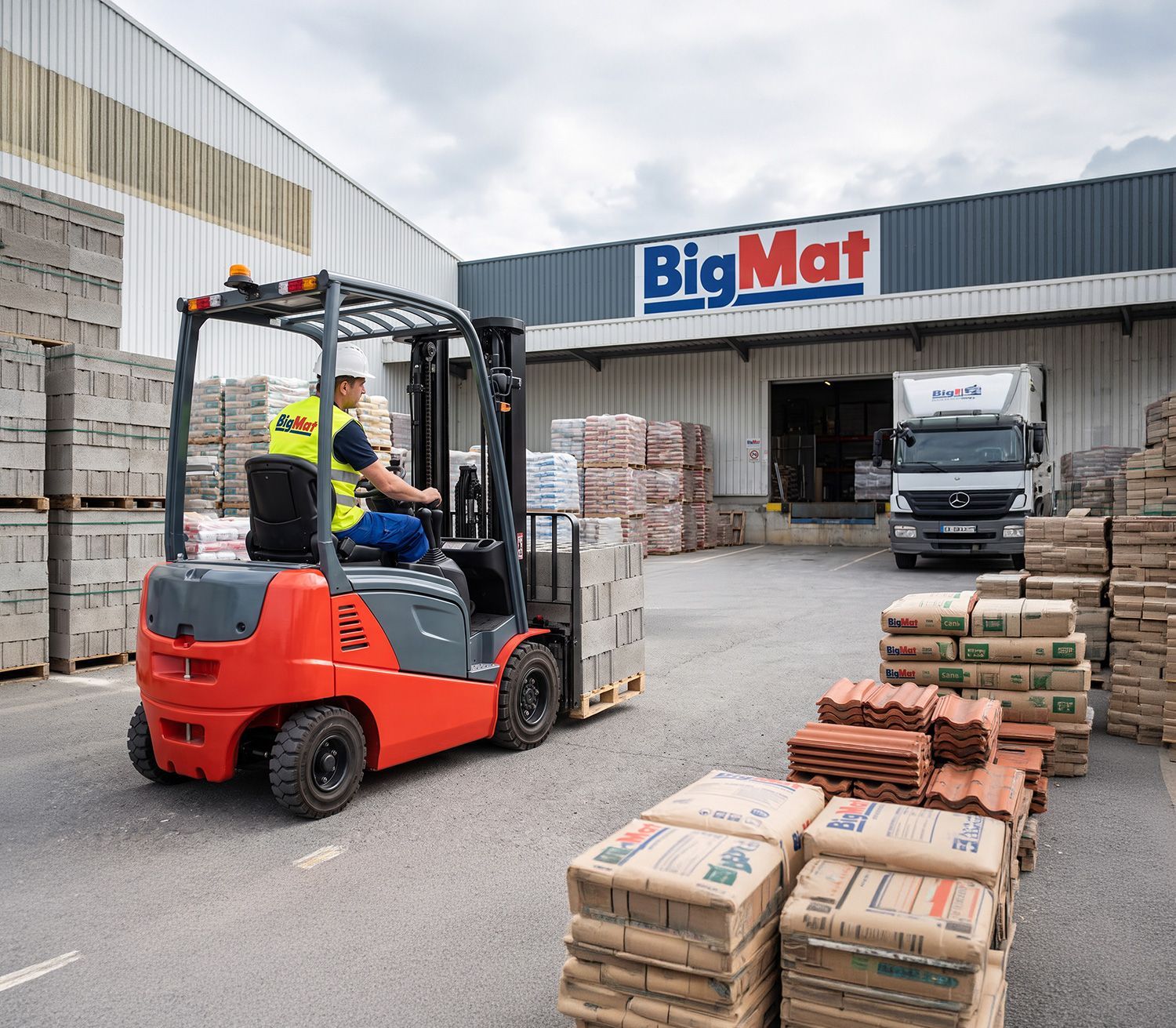 Un salarié BigMat dans un chariot élévateur déplace des palettes dans la cour d'un entrepôt BigMat, avec des piles de matériaux de construction et un camion à proximité.