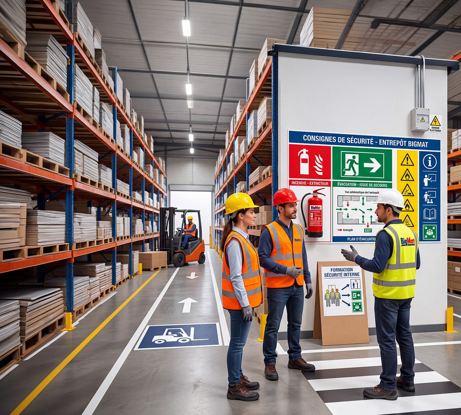 Des magasiniers BigMat en gilets haute visibilité discutent des panneaux de sécurité à côté d'étagères et de cartons empilés.