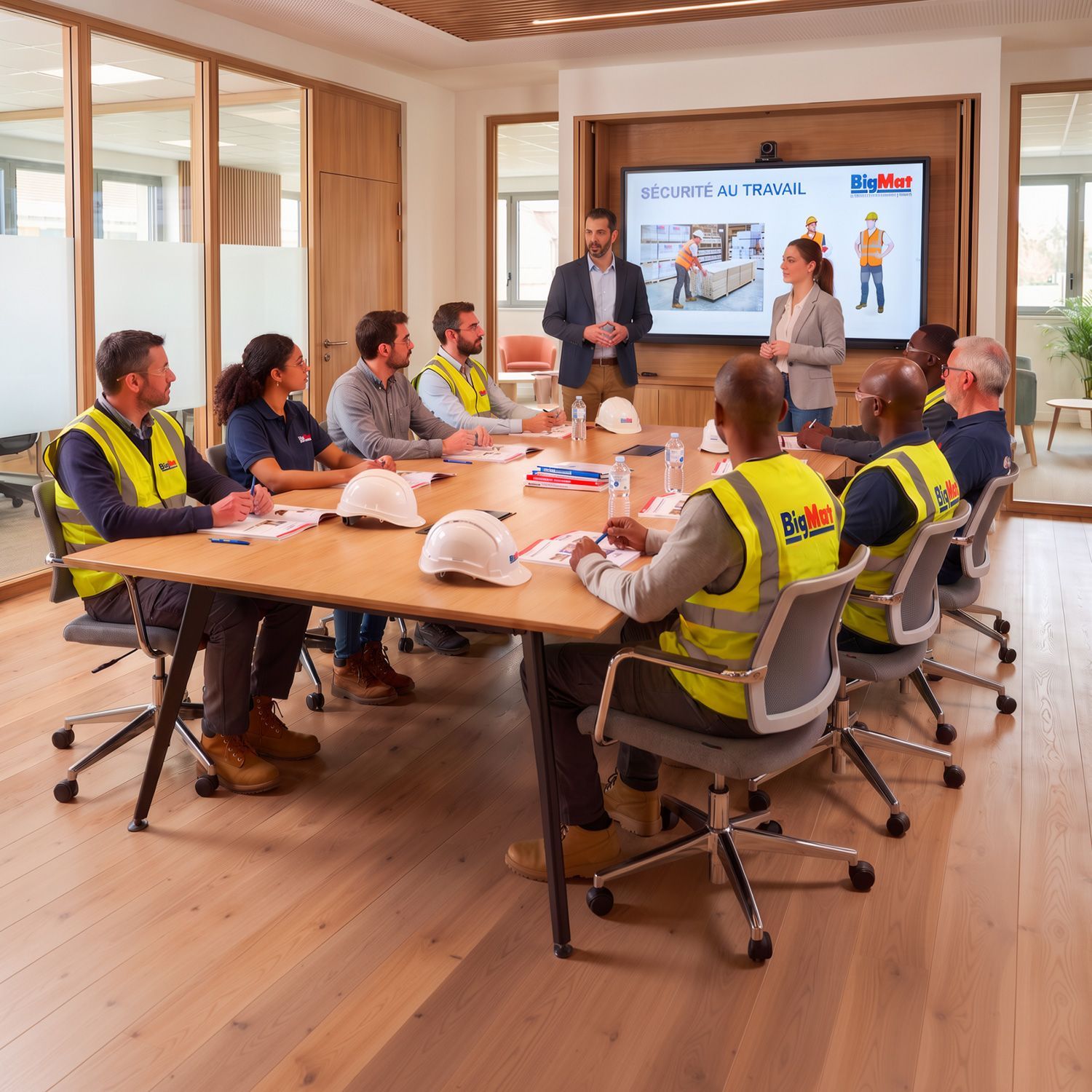 Des employés BigMat portant des gilets haute visibilité, assis à une table, suivent une présentation sur la sécurité au travail dans une salle de réunion lumineuse.