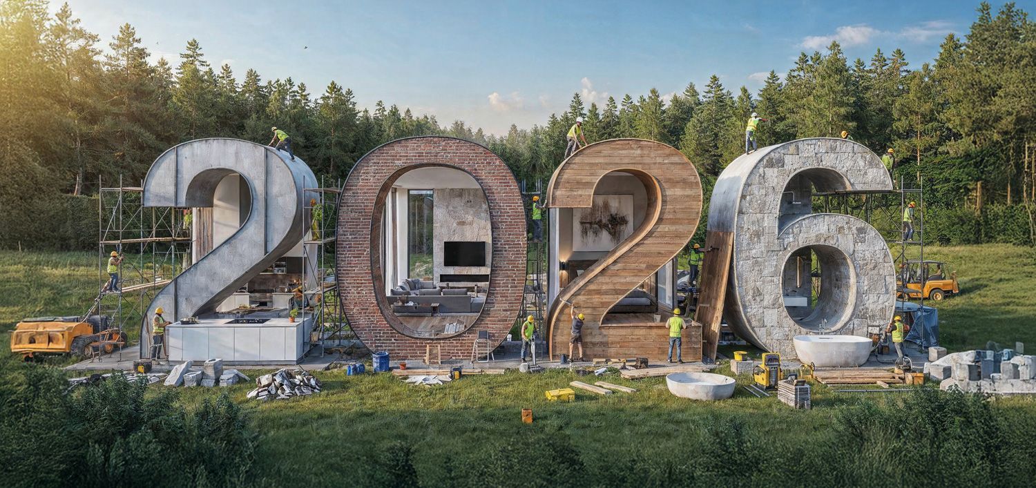 Grande sculpture « 2026 » en matériaux divers dans un parc verdoyant avec des arbres et un jardin paysager au coucher du soleil