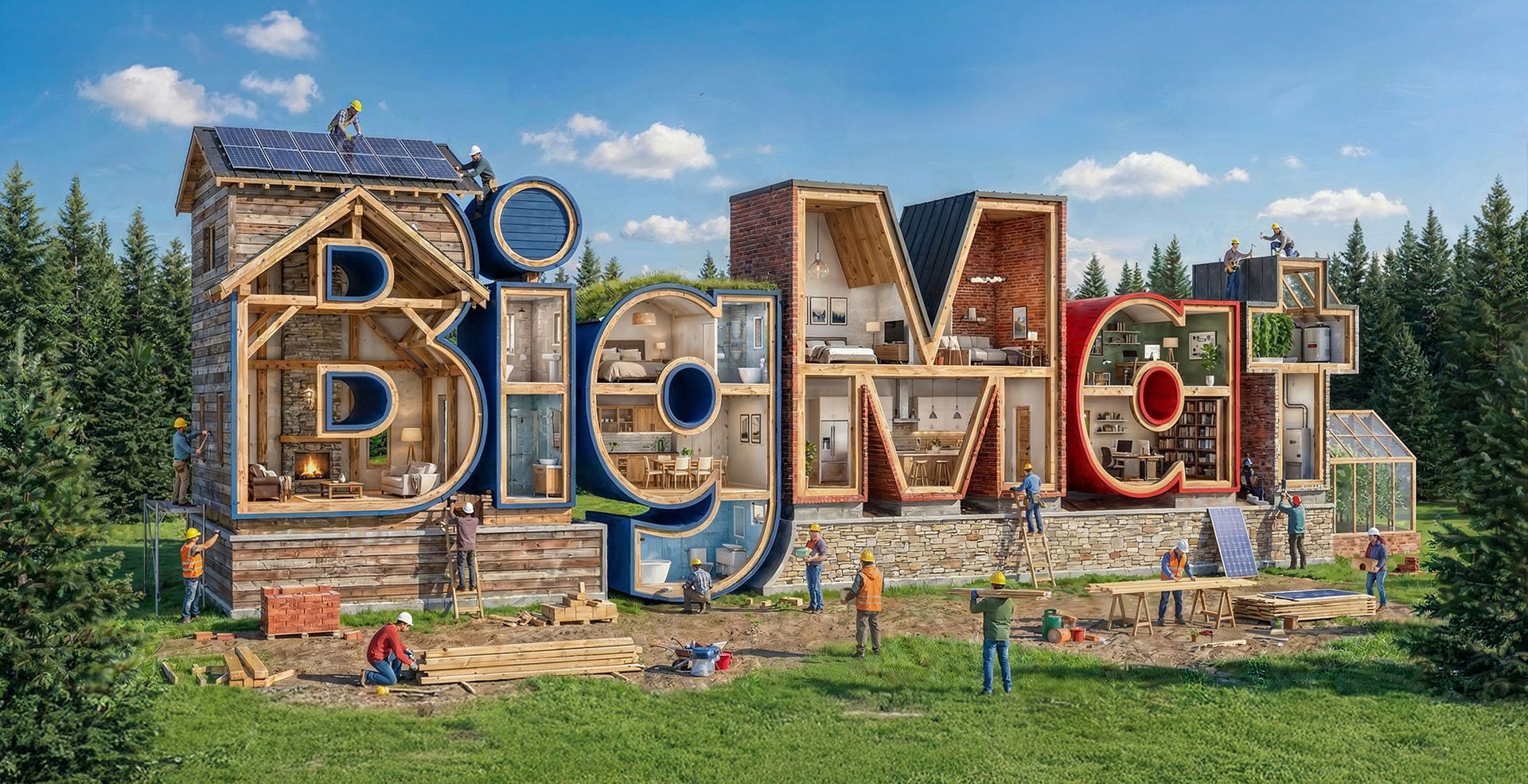 Logo BigMat transformé en logement dans une forêt verdoyante