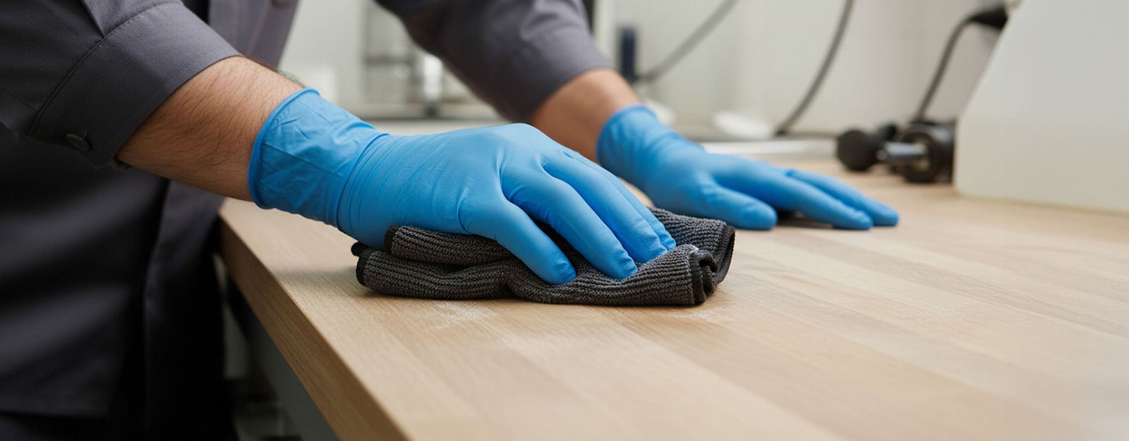 Des mains gantées de bleu essuient un bureau en bois clair avec une micro-fibres BigMat.