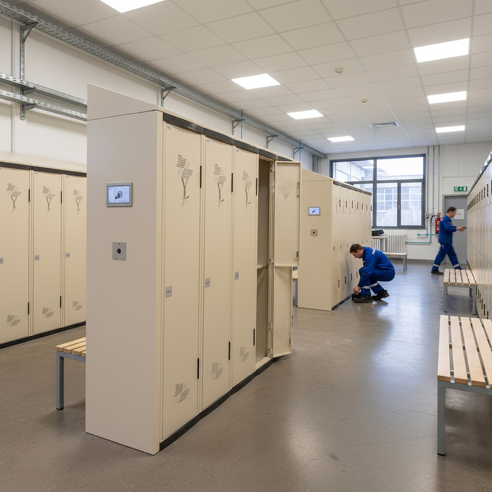 Vestiaire Acial moderne avec casiers beiges, bancs et deux employés en uniforme bleu qui nettoient ou réparent.
