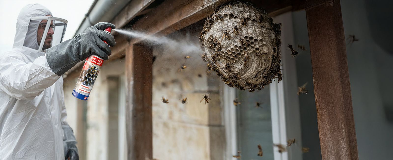 Une personne portant un équipement de protection pulvérise de l'insecticide sur un grand nid de guêpes sous un avant-toit.