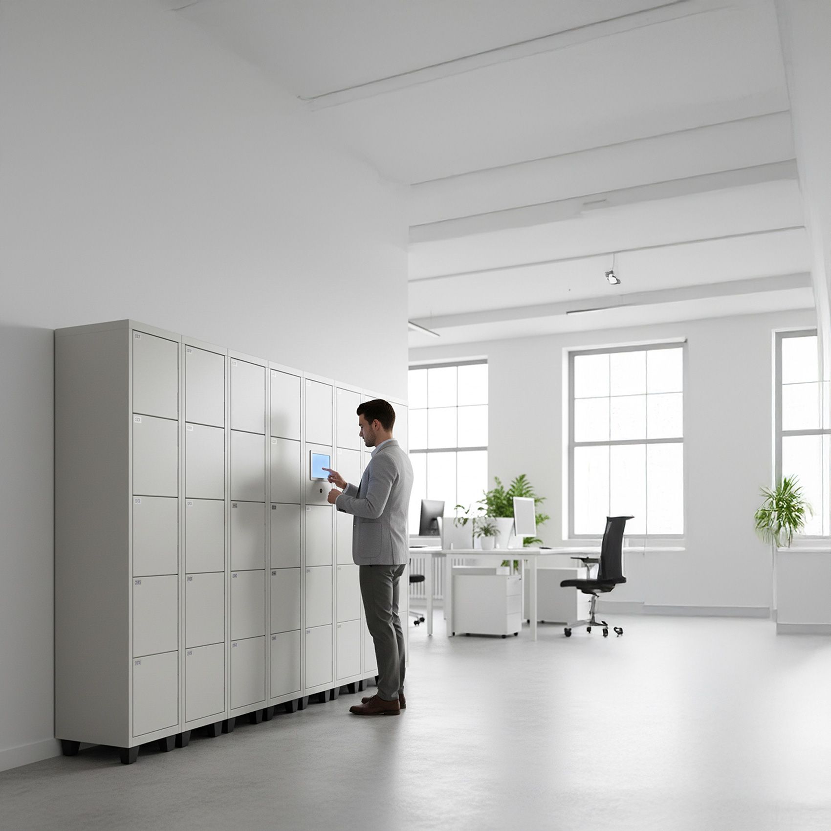 Une personne, près de casiers Acial blancs dans un bureau lumineux, utilise une tablette à proximité d'un bureau et de grandes fenêtres.