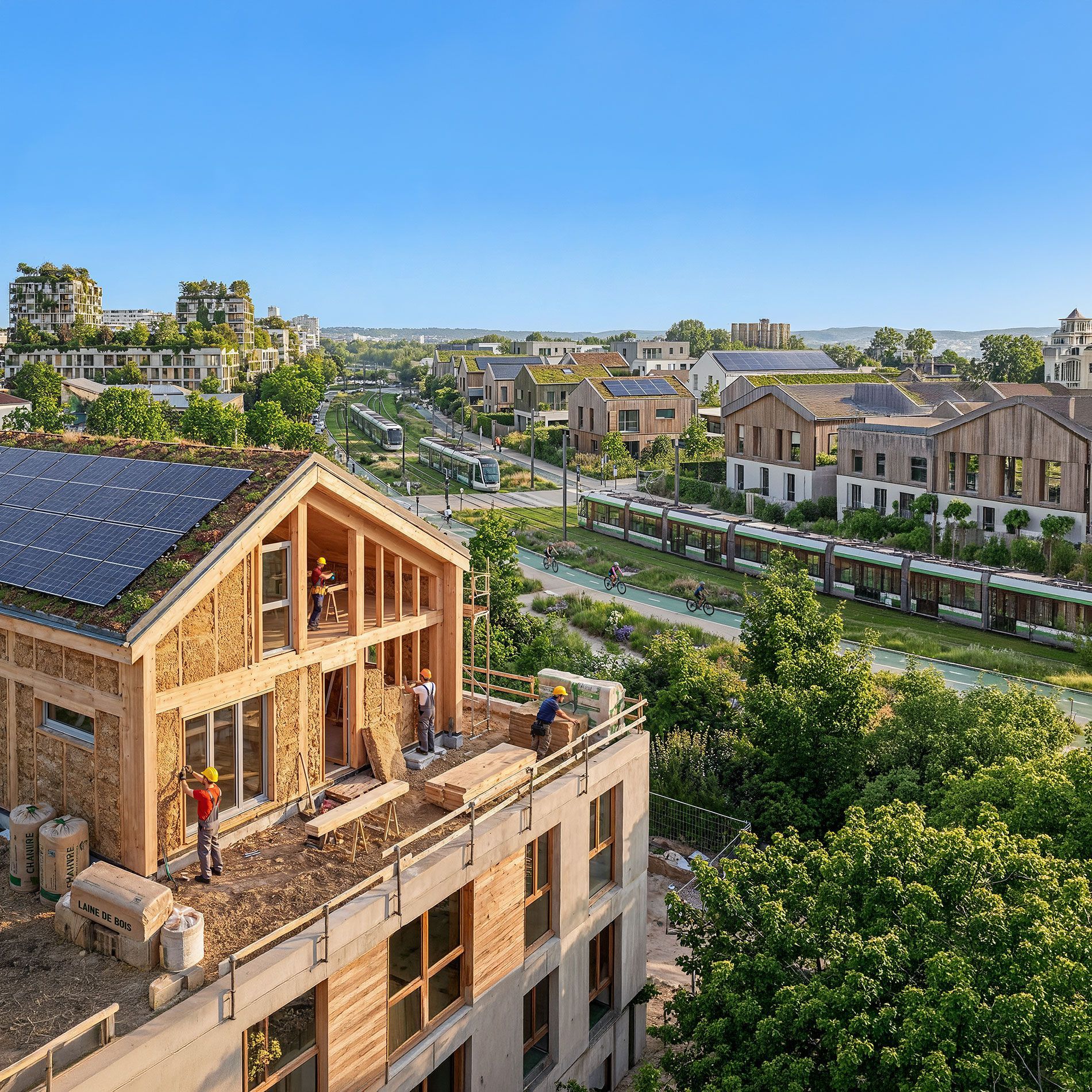Maison en construction sur le toit donnant sur un quartier verdoyant au bord d'un canal par une journée ensoleillée
