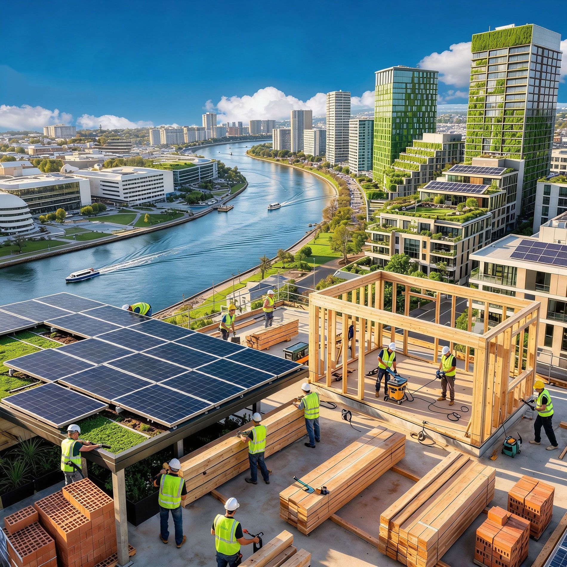 Construction d'un toit de panneaux solaires au bord d'une rivière, avec des ouvriers assemblant des charpentes en bois dans une éco-cité ensoleillée.