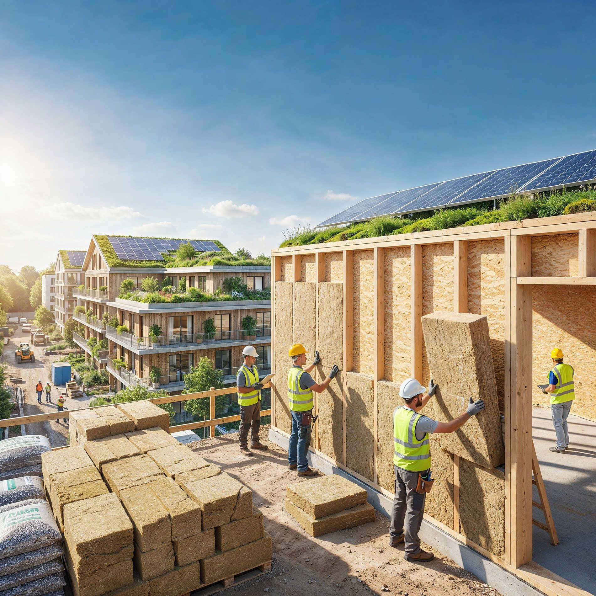 Des ouvriers construisent la charpente d'une maison en bois sur un chantier ensoleillé doté de panneaux solaires sur le toit.
