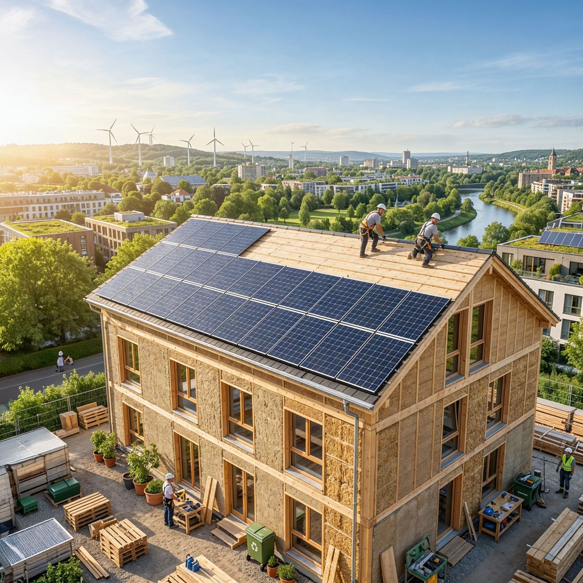 Maison en bois avec panneaux solaires et ouvriers sur le toit dans un quartier verdoyant et ensoleillé