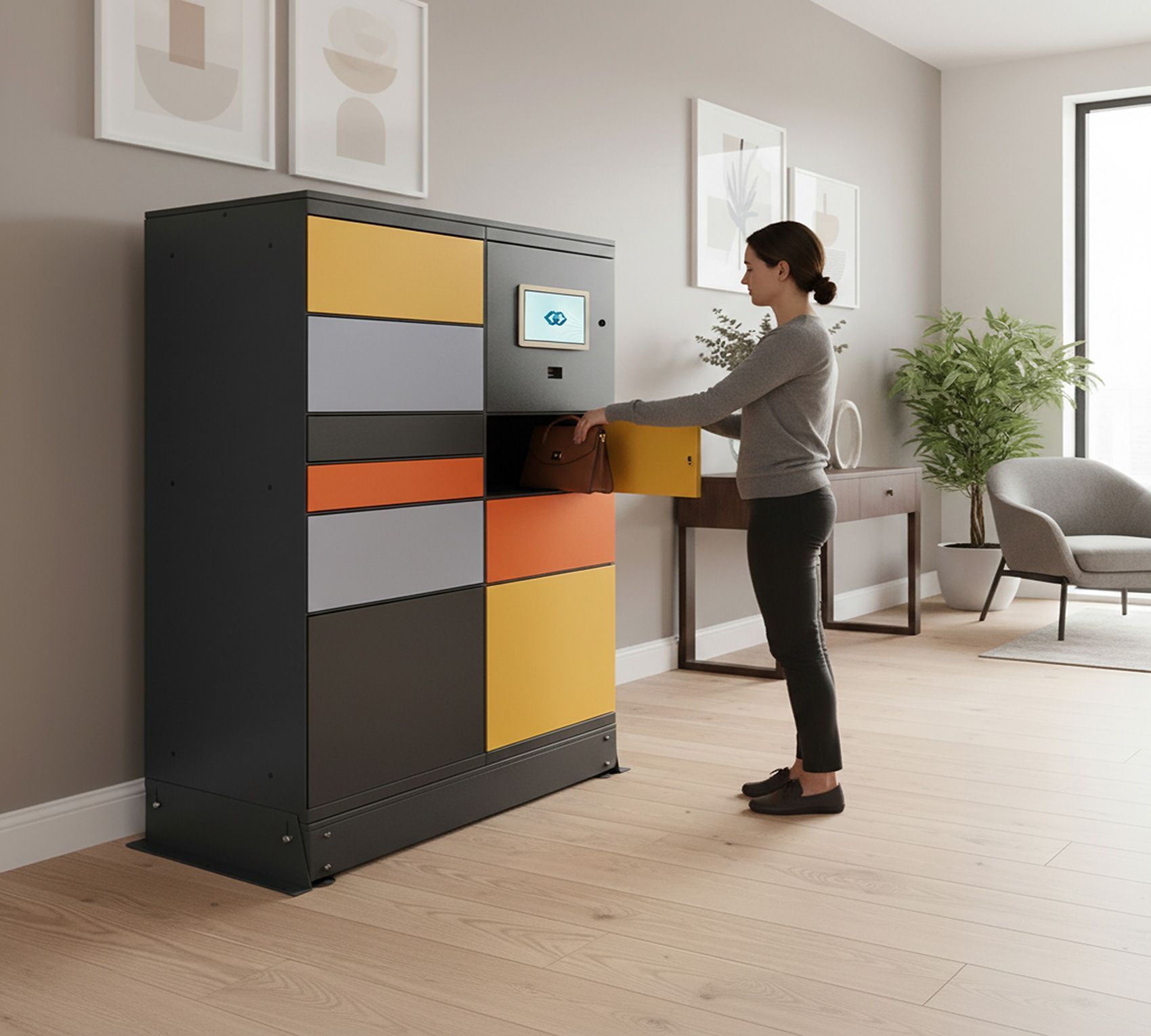 Une femme remplit un meuble de rangement intelligent à tiroirs de couleurs différentes dans une pièce moderne et lumineuse.