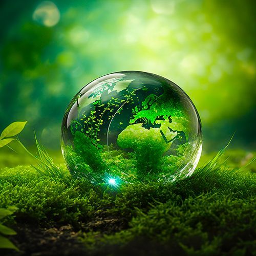 Globe terrestre intégrée dans une goutte d'eau, entouré de mousse et de feuillage.