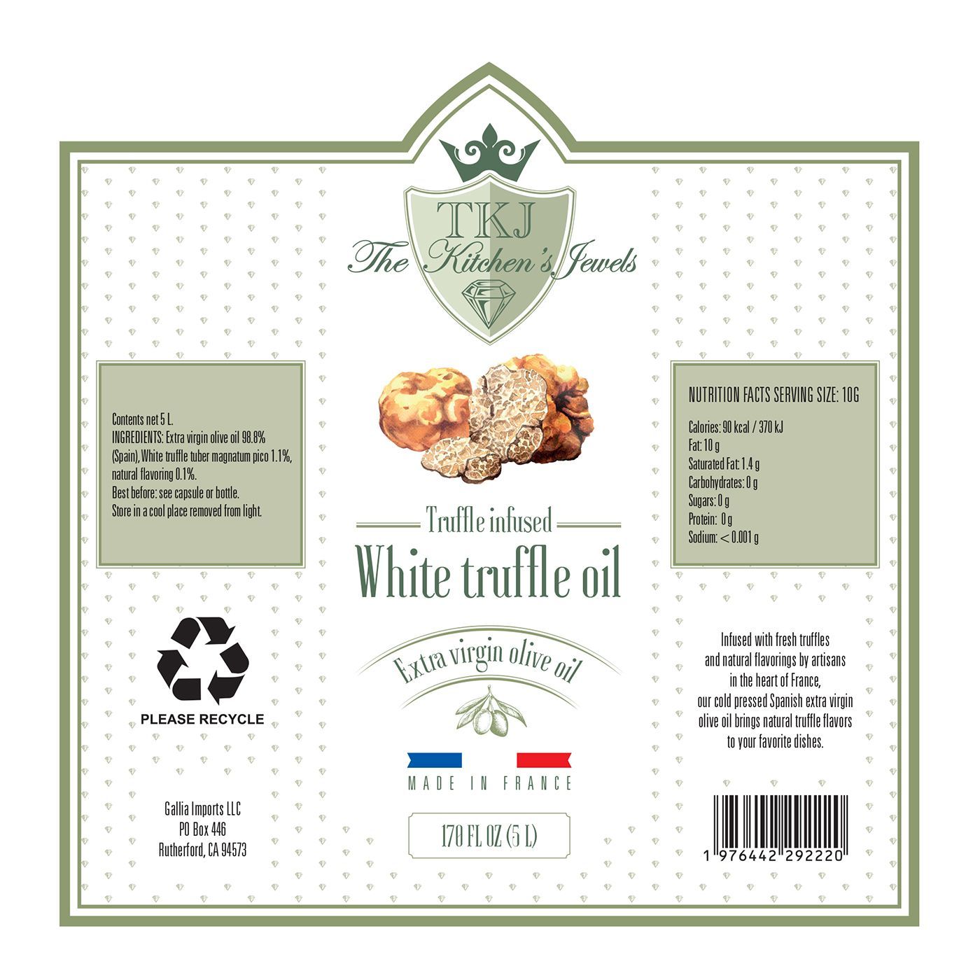 Etiquette bouteille TKJ the kitchen's Jewels huile d'olive à la truffe blanche