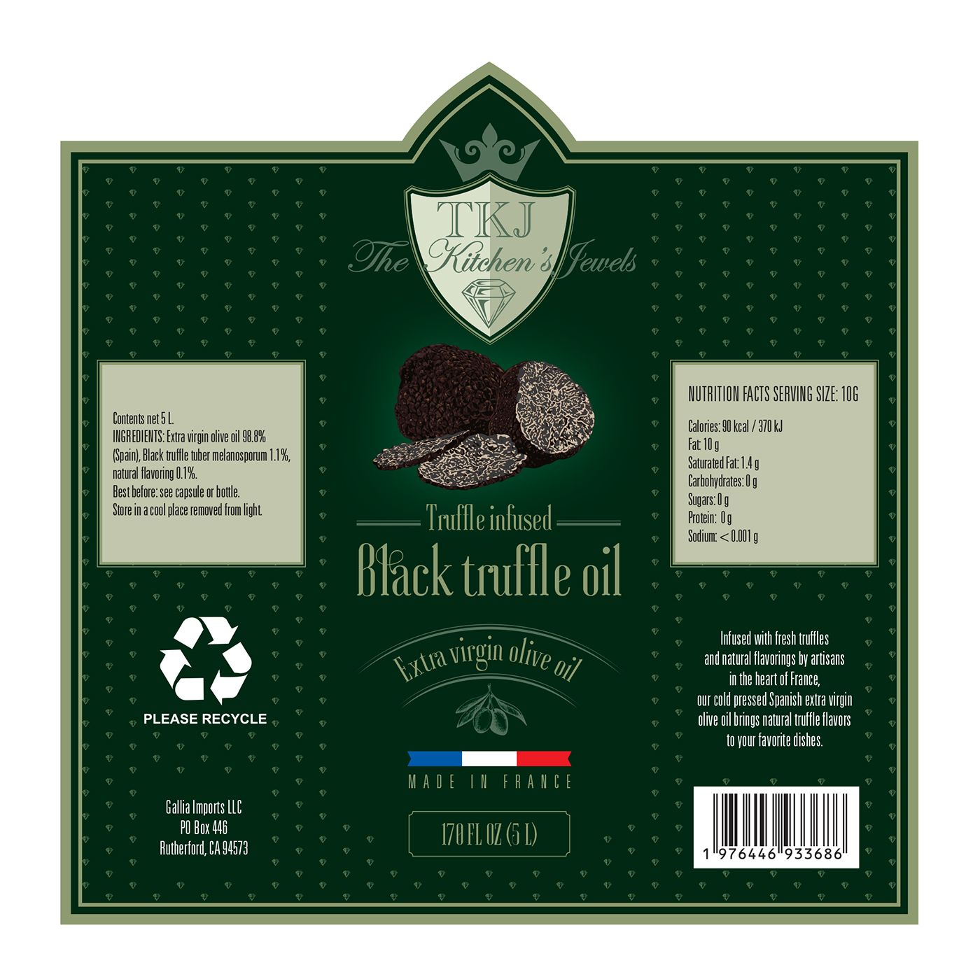 Etiquette bouteille TKJ the kitchen's Jewels huile d'olive à la truffe noire