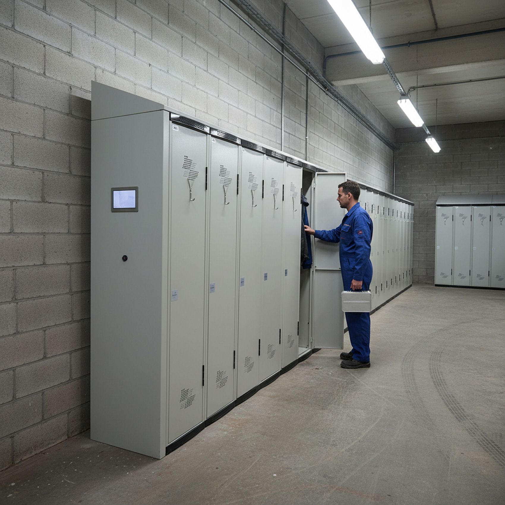 Un technicien ouvre une rangée d'armoires électriques grises dans une salle industrielle