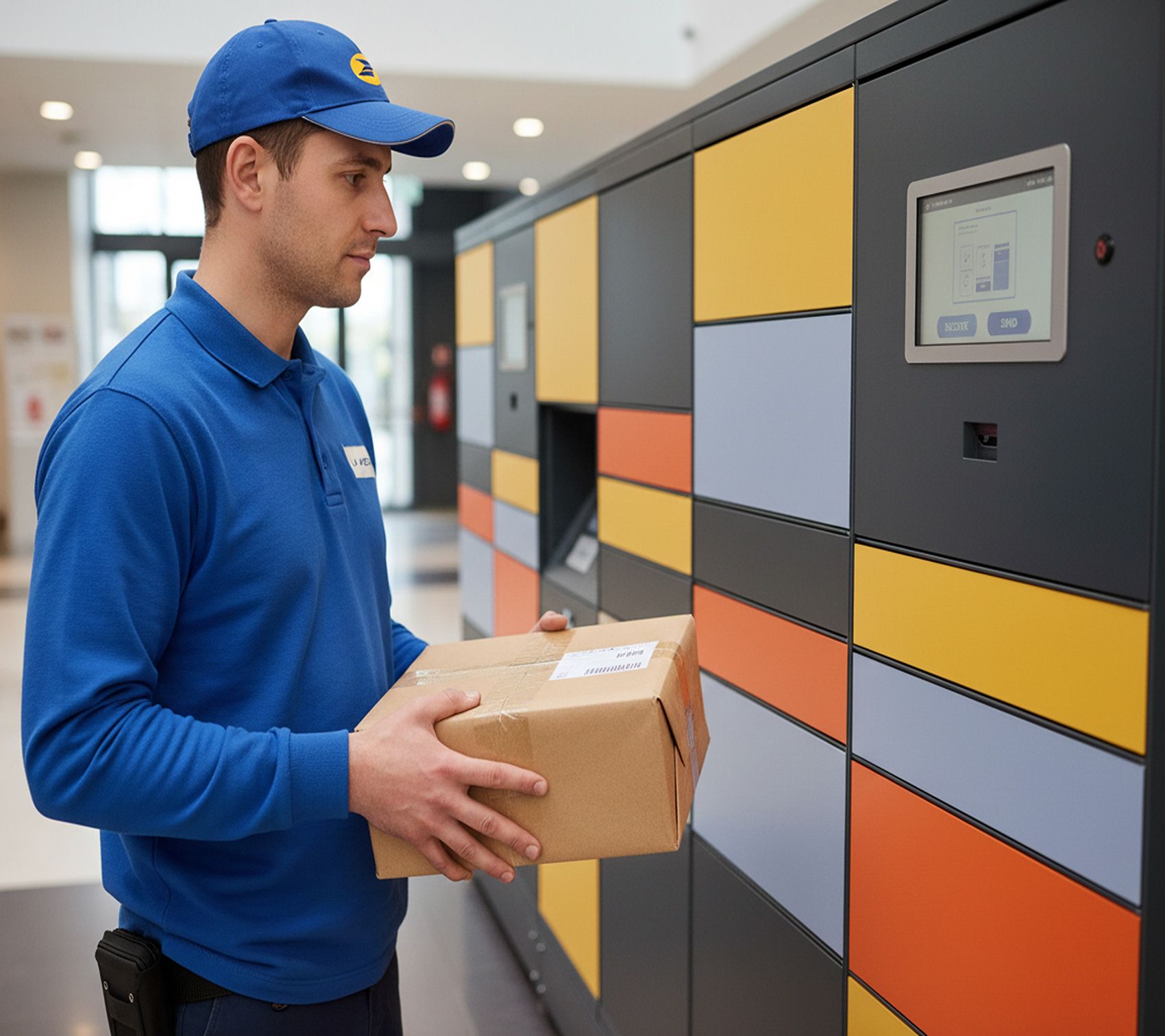 Un livreur en uniforme bleu tient un colis à côté de casiers à colis dans un hall moderne
