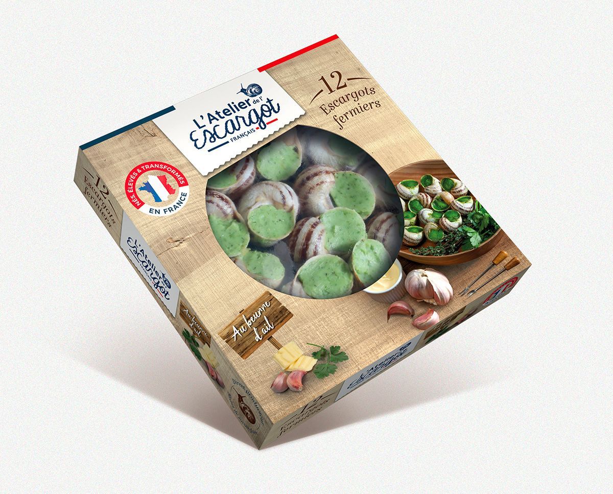 Packaging escargots au beurre d'ail de l'atelier de l'escargot français,