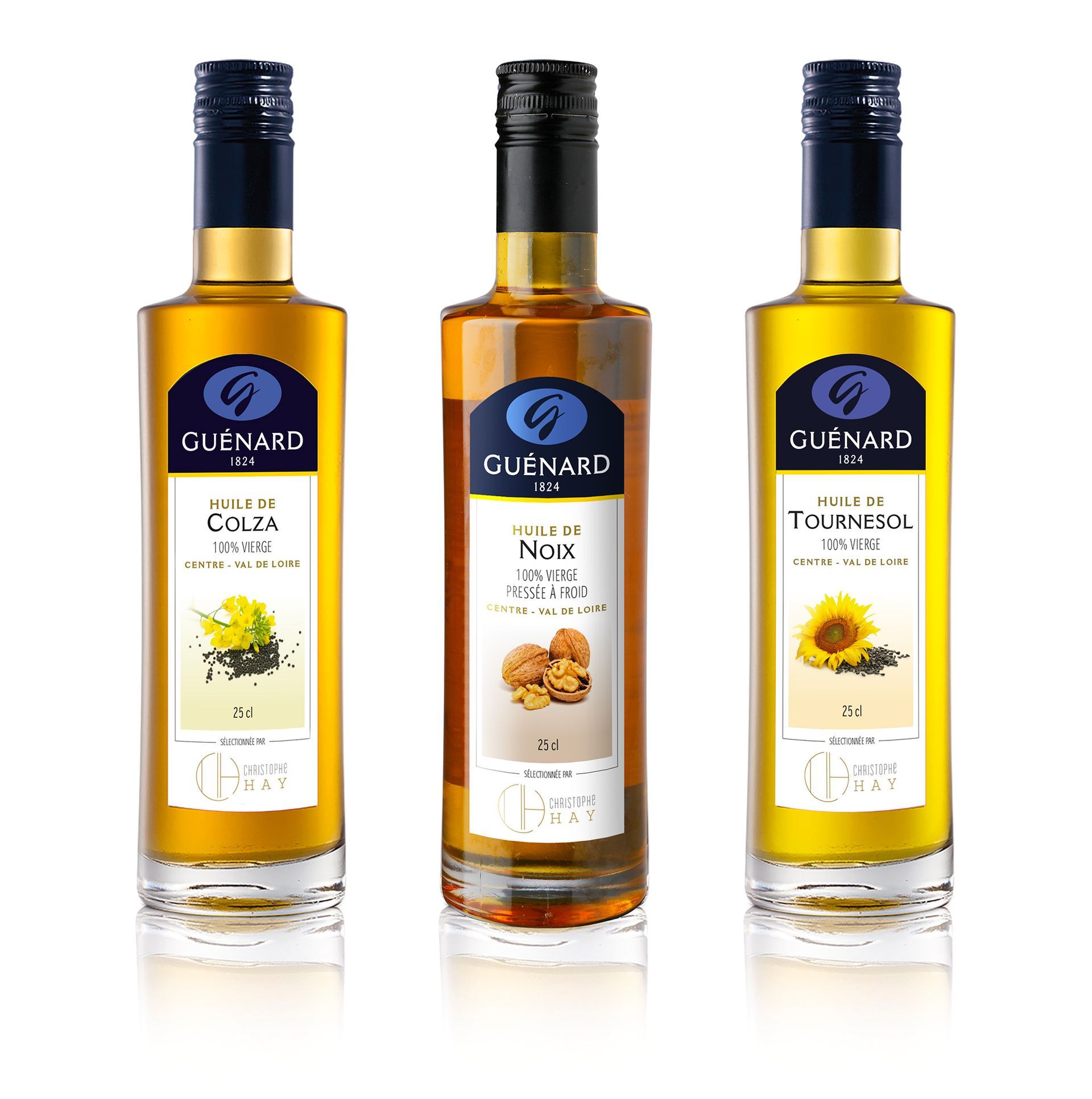 Bouteilles l'huile de colza, de noix et tournesol Guénard Christophe Hay Bouteilles l'huile de colza, de noix et tournesol Guénard Christophe Hay