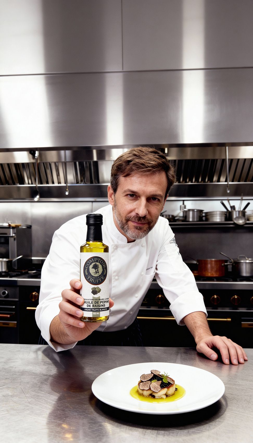 Un chef présente une bouteille d'huile de pépin de raisin du Comptoir de la truffe à côté d'un plat dressé dans une cuisine en acier inoxydable
