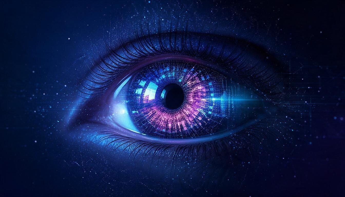 Un œil bleu-violet lumineux orné d'un motif de galaxie cosmique sur un fond étoilé sombre