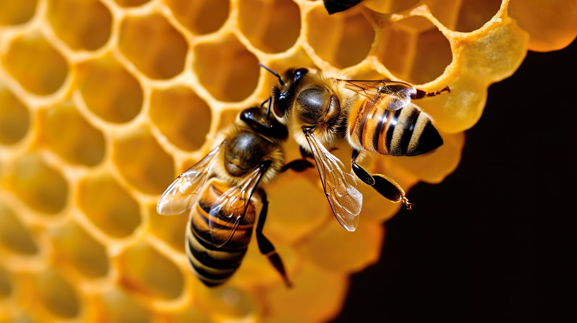 Two bees on a golden honeycomb, one touching the other against a dark background