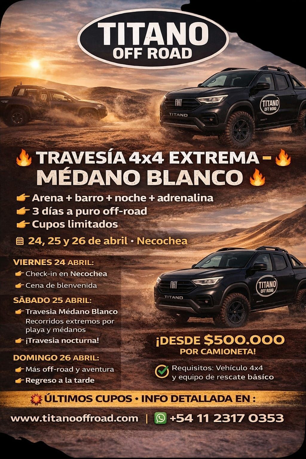 Cartel de TITANO OFF ROAD para un fin de semana de 4x4 en Medano Blanco, con dunas y vehículo todoterreno.