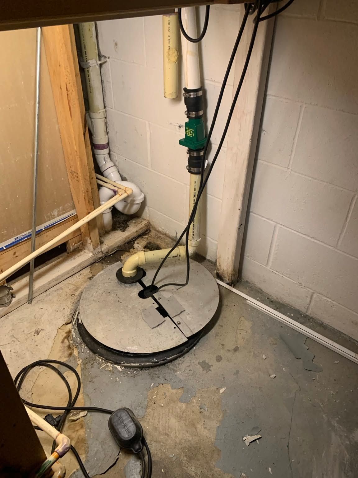 Basement utility area with a sump pump and pipes on a concrete floor.