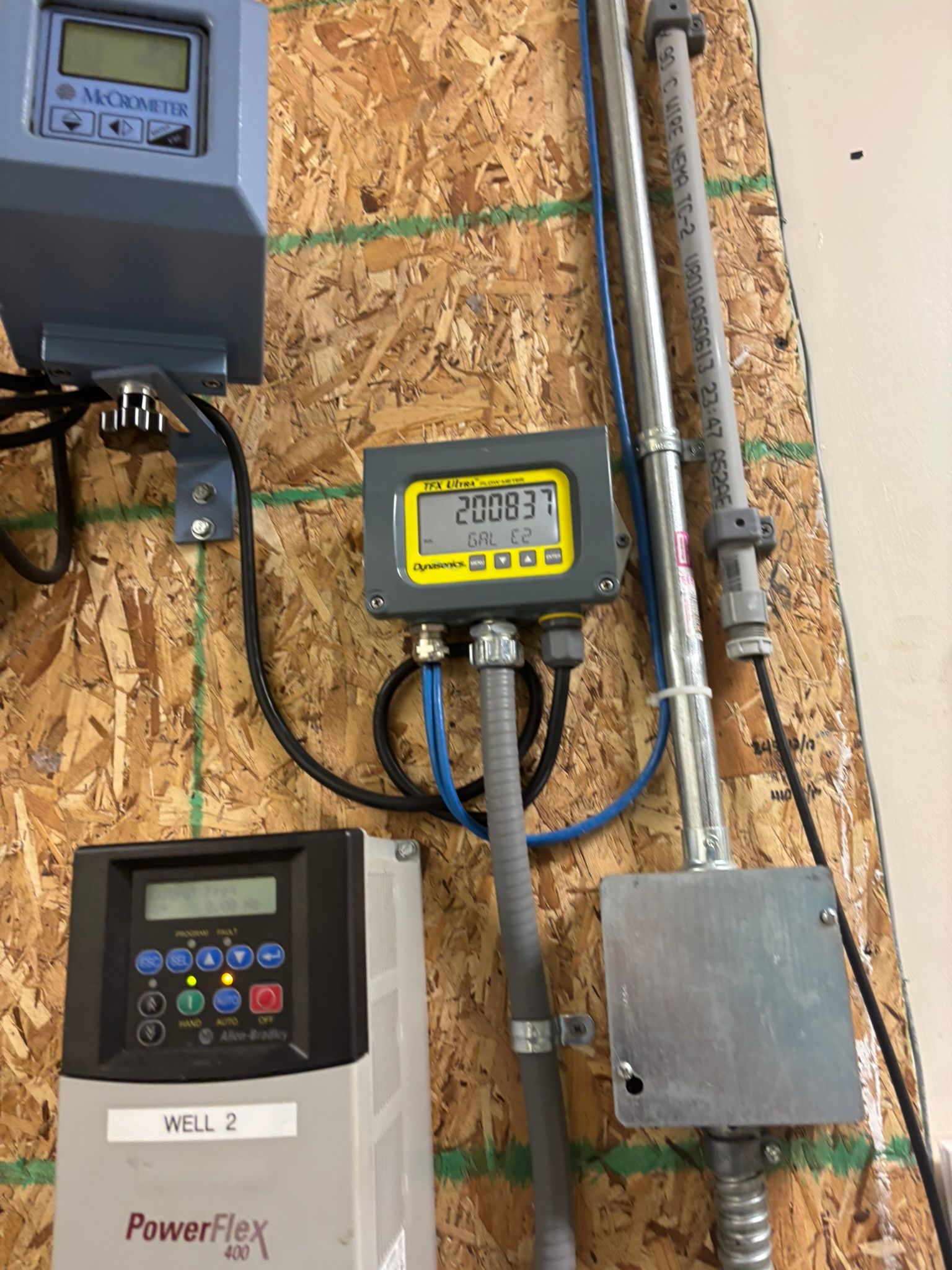 Wall-mounted electrical equipment and digital meters on plywood, with exposed conduit and wiring.