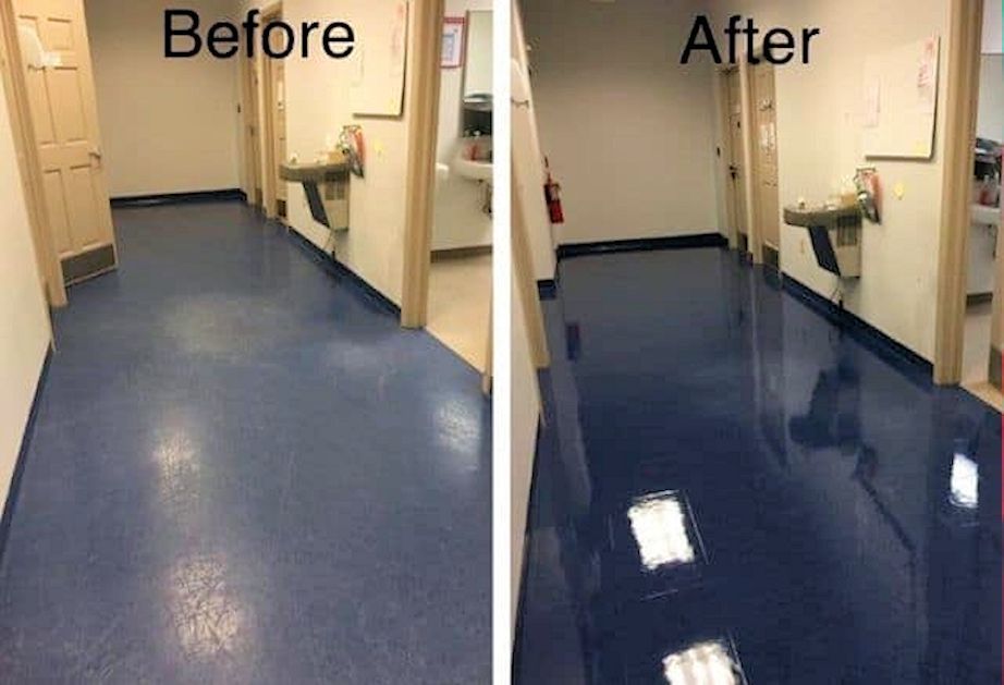 A side-by-side comparison of a school hallway floor before and after being cleaned and polished to a high shine.