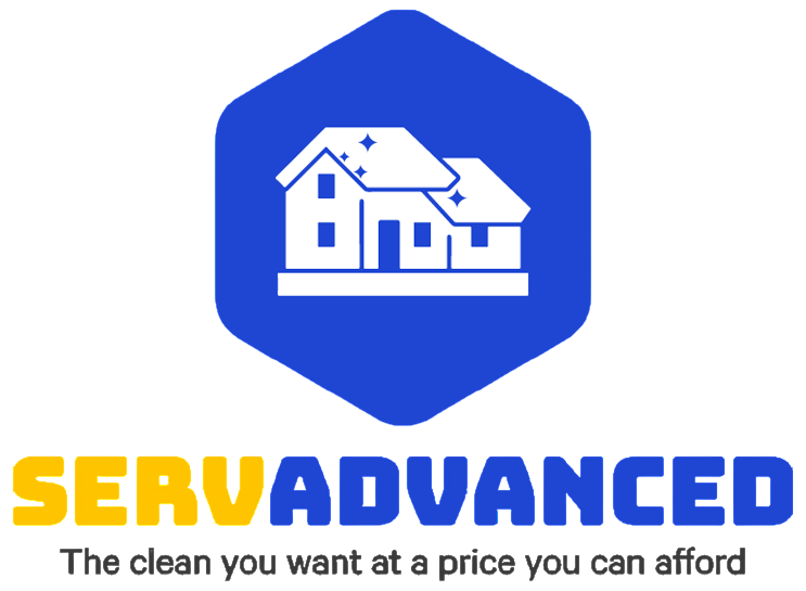 Logo for ServAdvanced with a blue house icon in a hexagon above the yellow and blue text: "The clean you want."