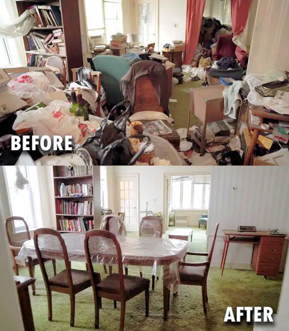 A before-and-after comparison showing a cluttered, disorganized room transformed into a clean, tidy dining space.