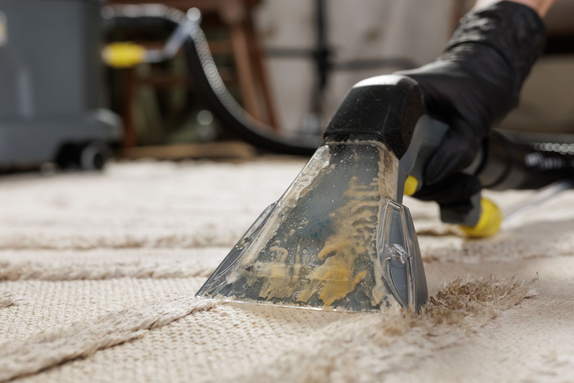 A gloved hand uses an upholstery cleaning nozzle to extract dirt from a light-colored carpet.