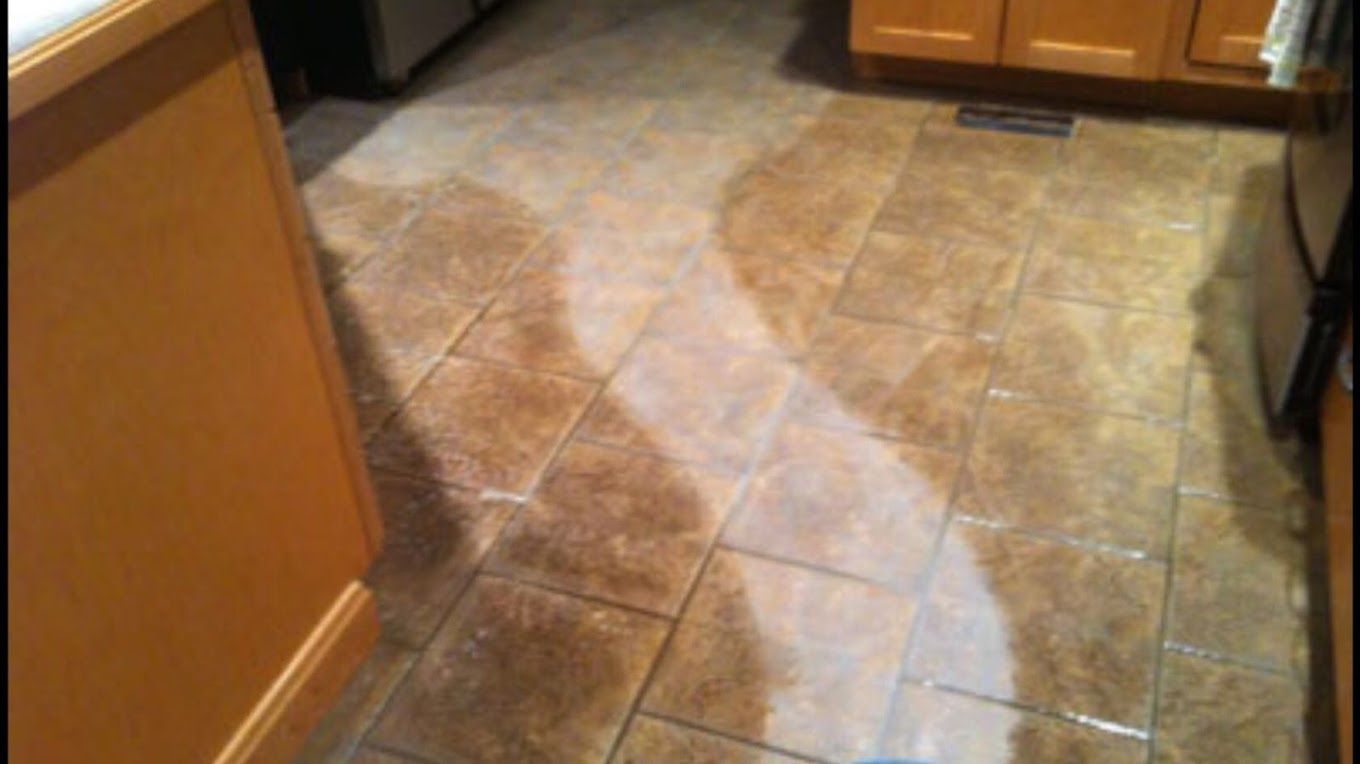 A light-colored streak of fluid runs across the center of a tiled kitchen floor, creating a stark contrast to the tiles.