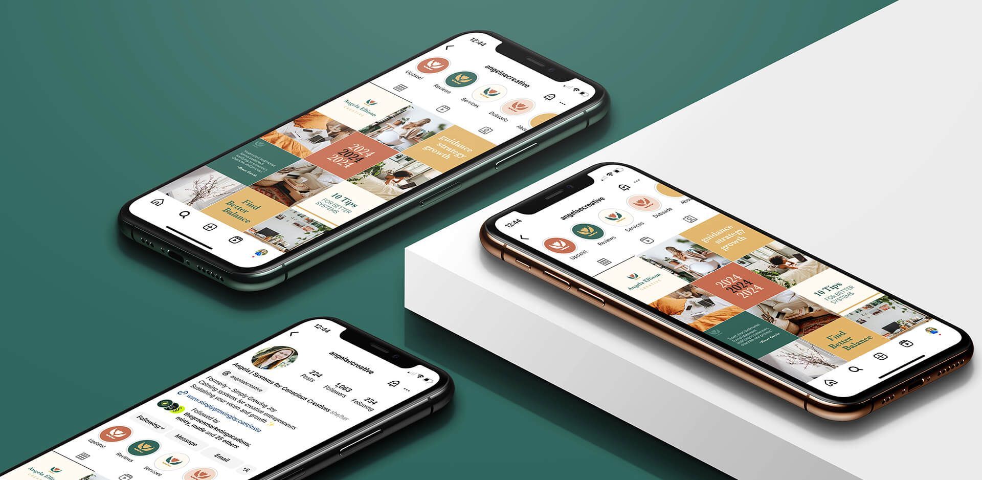 digital design for social media profiles, phone mockups displaying integration of new visual identity