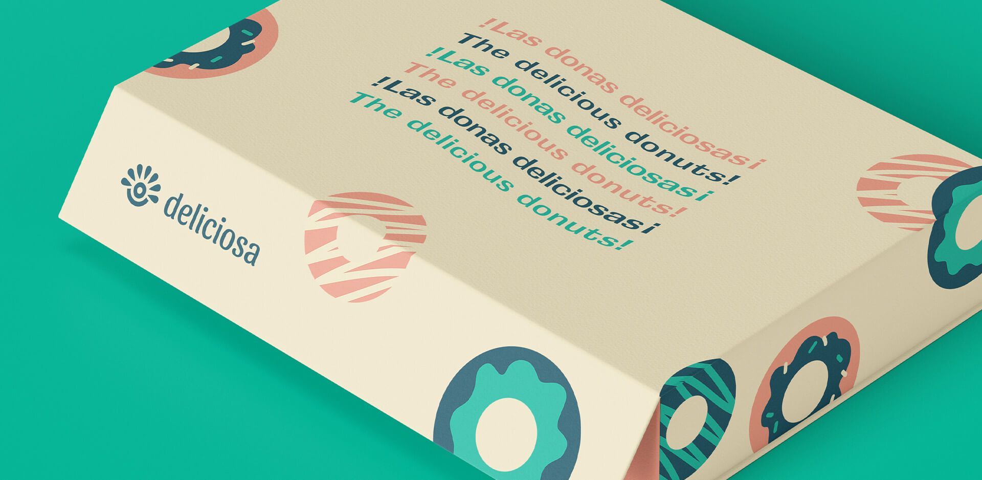 Donut box mockup for food vendor that includes custum donut illustrations and horizontal logo.