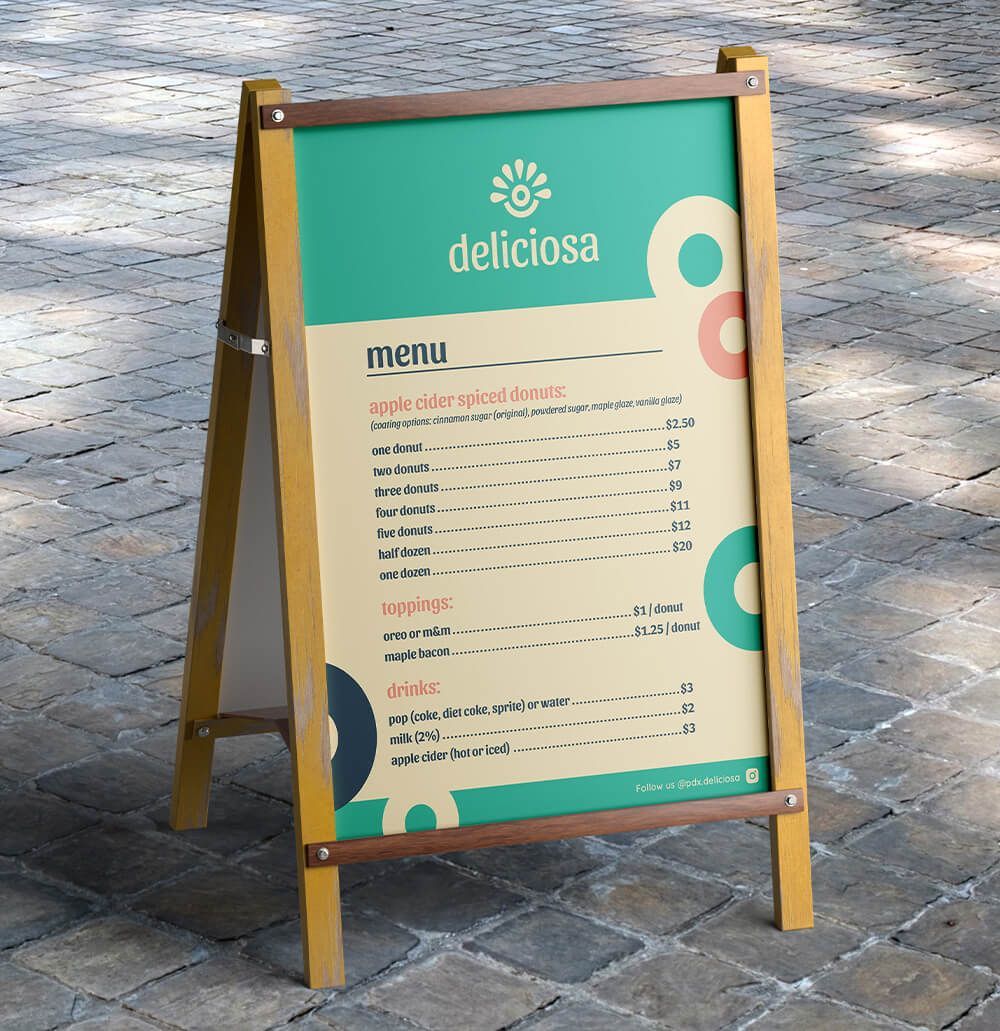 Outdoor menu on a standing a-frame for Portland food vendor.