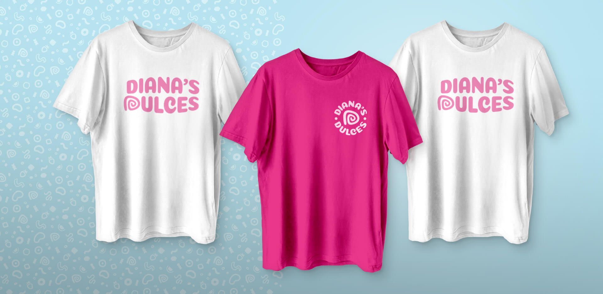 T-shirt designs for small business, one all pink with secondary logo and the other two have the primary logo on a white shirt