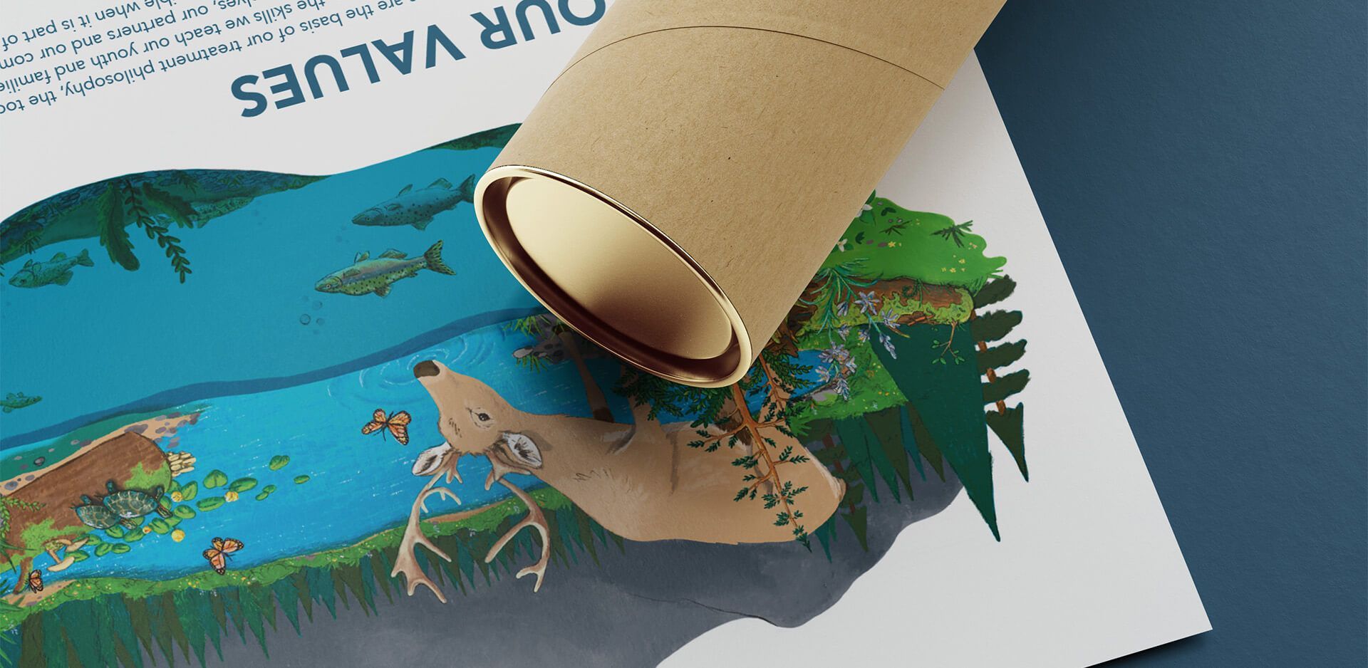 Overhead view of illustrated poster created to display nonprofit core values. Cardboard poster tube angled on top.