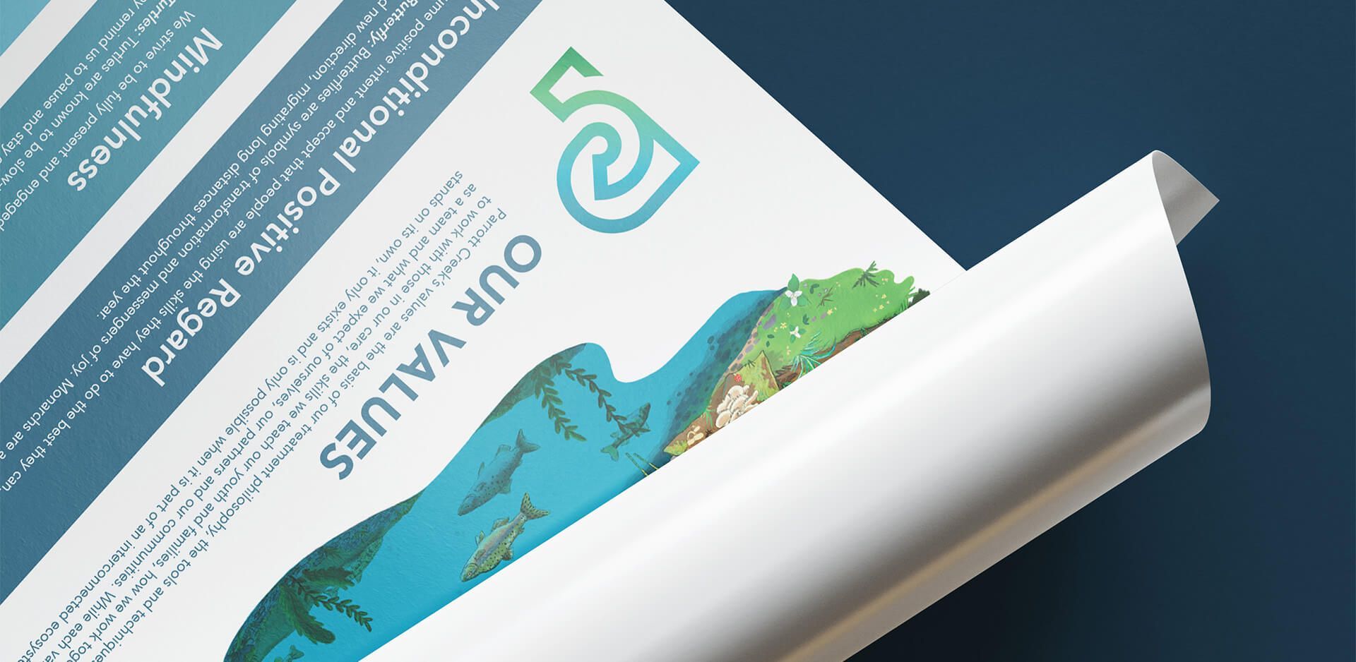 Partially rolled poster created to display Portland nonprofit core values.