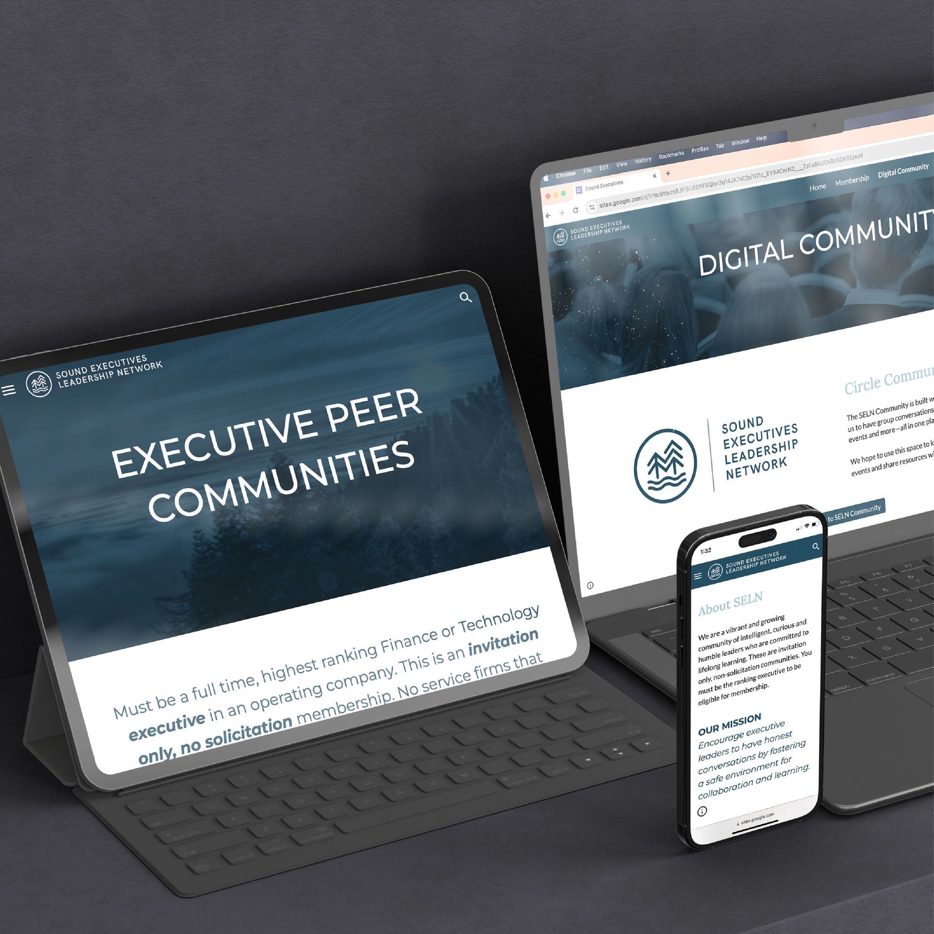 Creative digital design and branding for community organizers. Mockups of refreshed business website.
